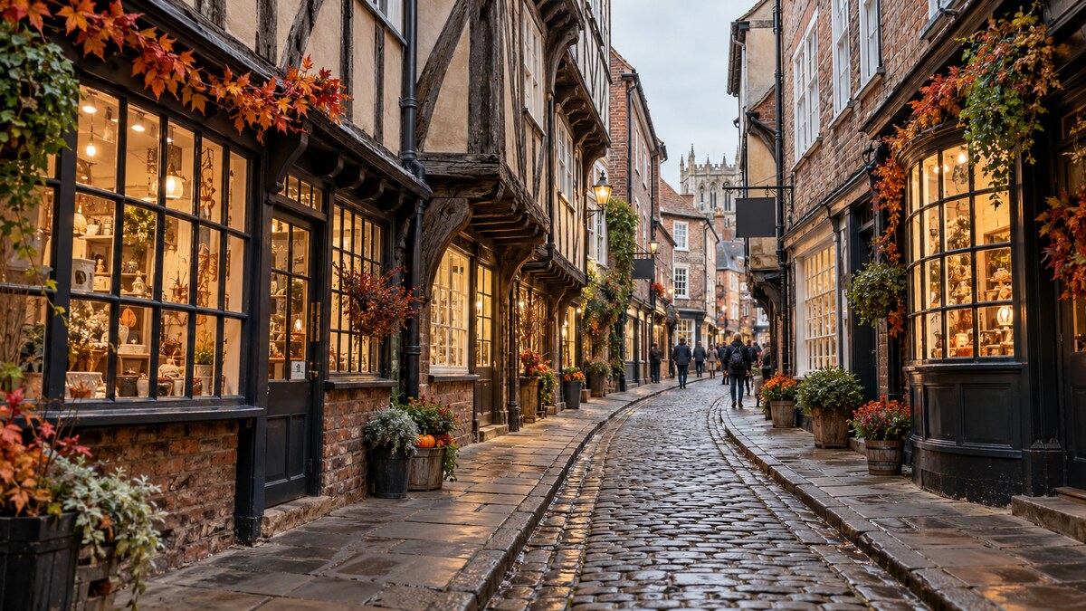ถนนยุคกลาง The Shambles เมืองยอร์กในฤดูใบไม้ร่วง
